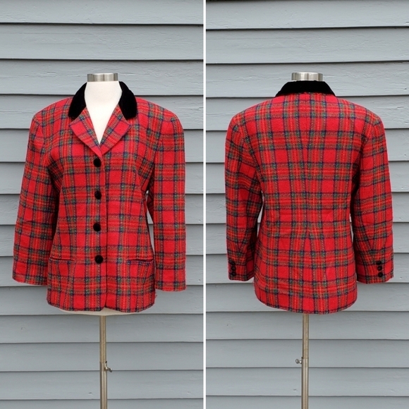 Vintage 90s y2k Talbots Red Green Stuart Tartan Plaid Preppy Blazer Jacket 14 - Picture 7 of 7